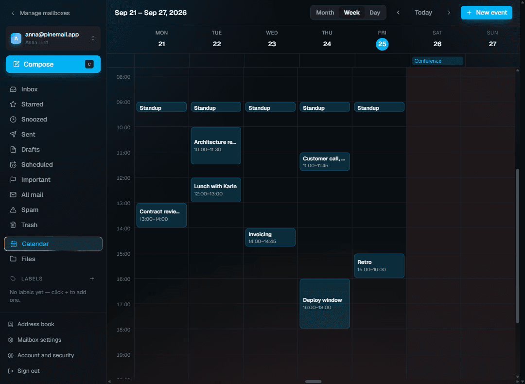A week in the PineMail calendar with meetings and an all-day event